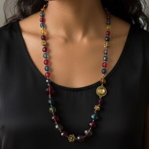 Long Multi-Color Faceted Gemstone Necklace with Gold Medallion Accent